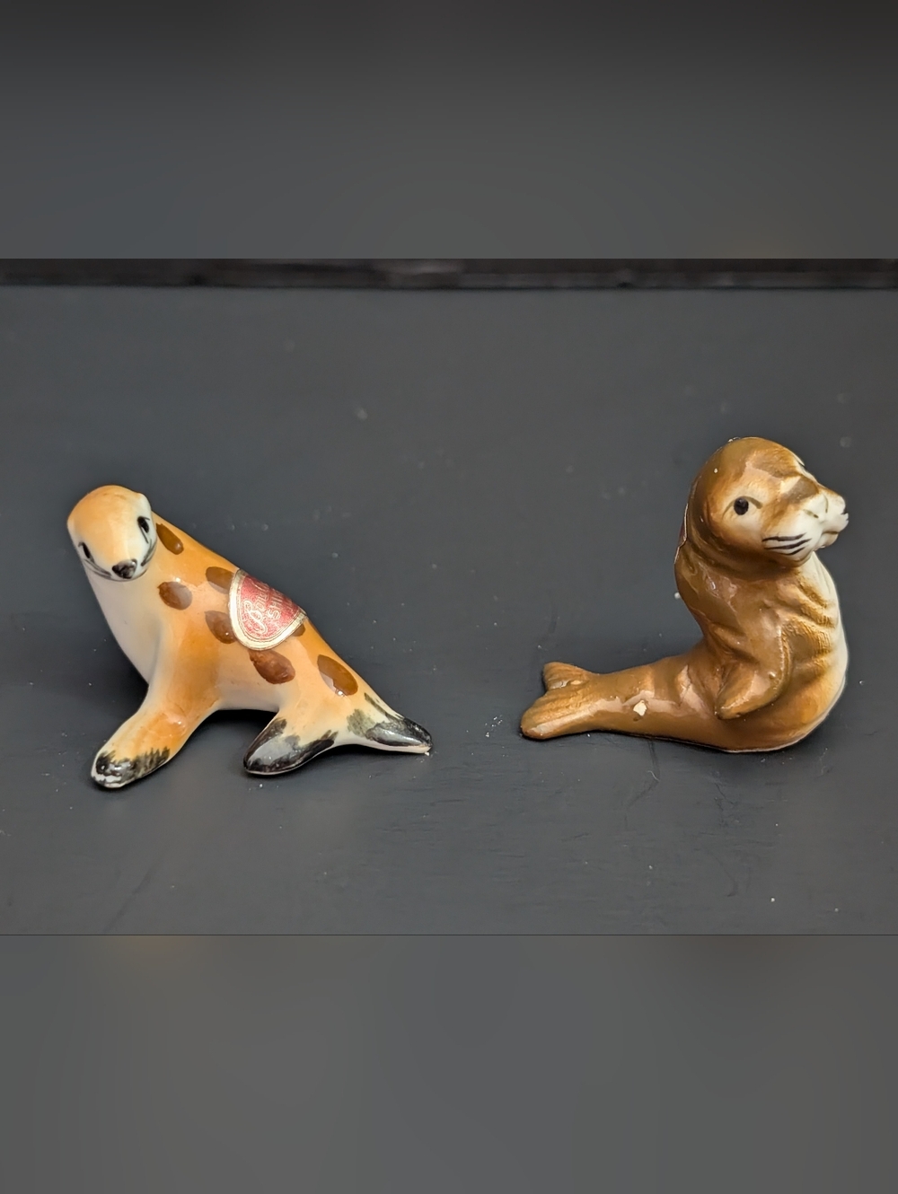 Vintage Ceramic Seal Figurine Pair - Brown & Cream